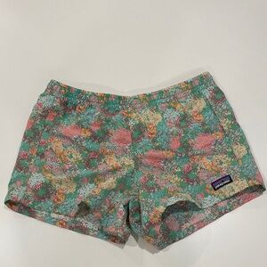Patagonia Girl's Floral Athletic Shorts - Green and Pink